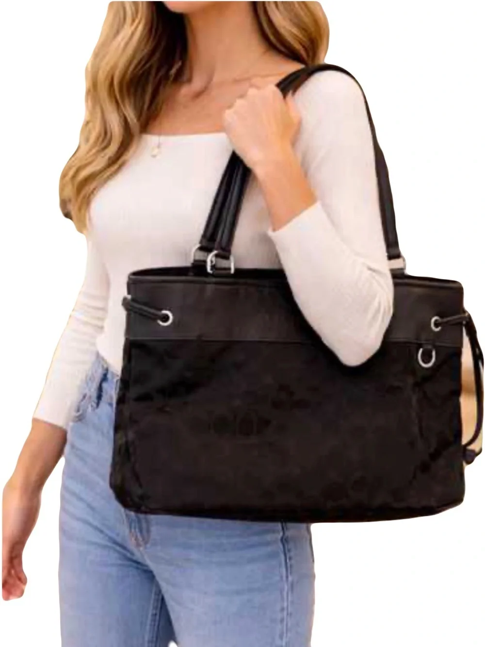🎠 Coach Legacy Black Signature Drawstring Carryall Satchel Handbag Black 32702